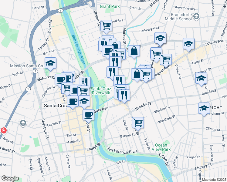 map of restaurants, bars, coffee shops, grocery stores, and more near 180 Dakota Avenue in Santa Cruz