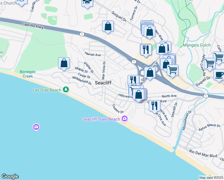 map of restaurants, bars, coffee shops, grocery stores, and more near 358 Sea Ridge Road in Aptos