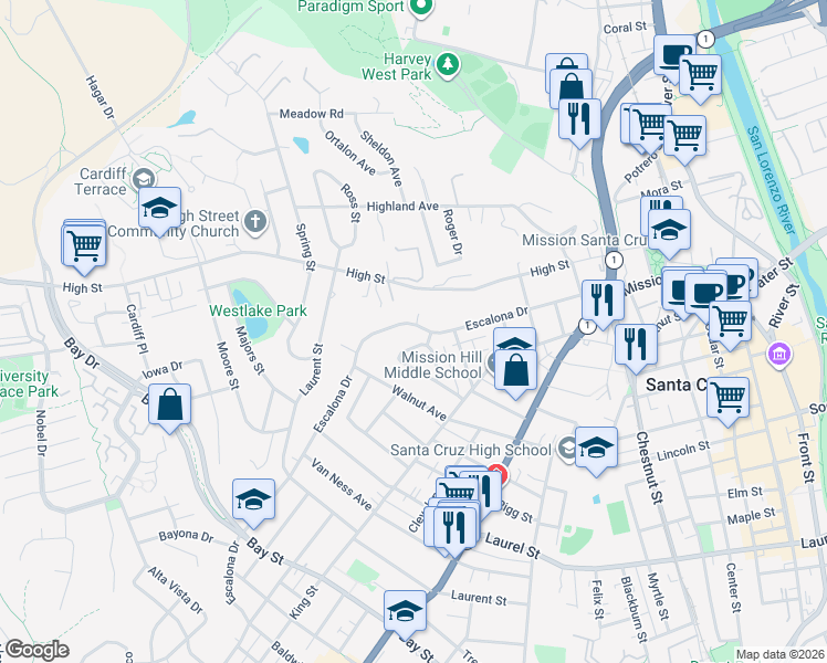 map of restaurants, bars, coffee shops, grocery stores, and more near 519 Escalona Drive in Santa Cruz