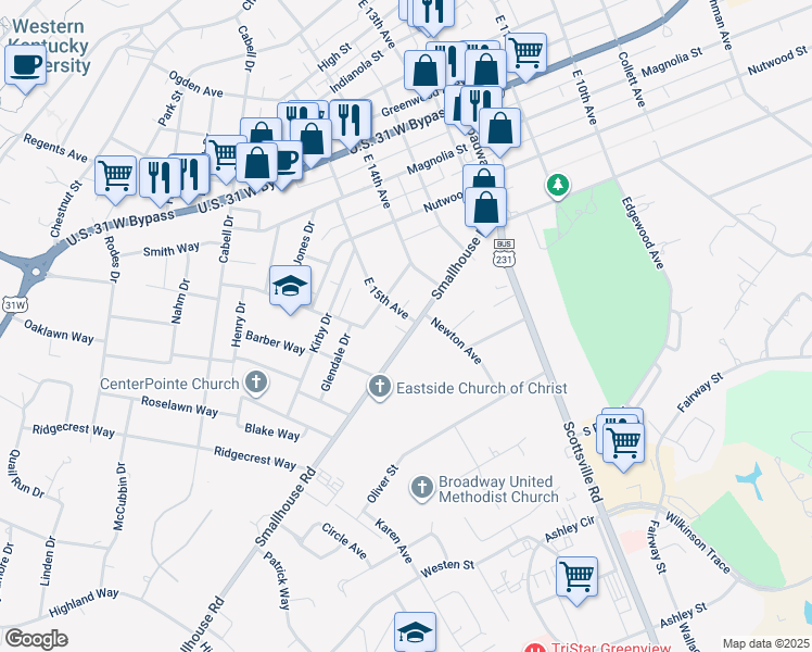 map of restaurants, bars, coffee shops, grocery stores, and more near 1503 Smallhouse Road in Bowling Green