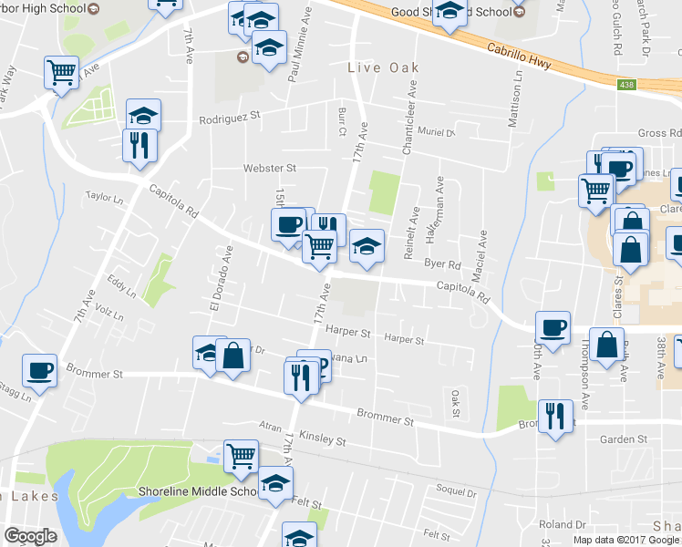 map of restaurants, bars, coffee shops, grocery stores, and more near 1735 17th Ave in Santa Cruz