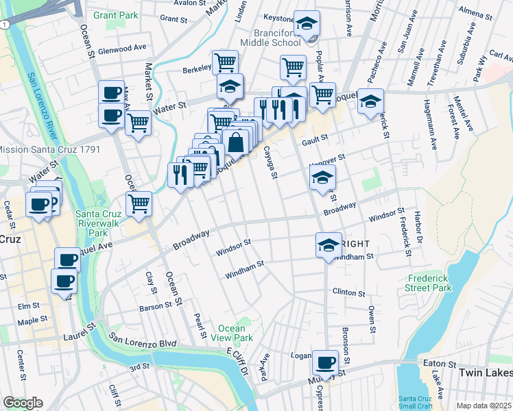 map of restaurants, bars, coffee shops, grocery stores, and more near 343 Pennsylvania Avenue in Santa Cruz