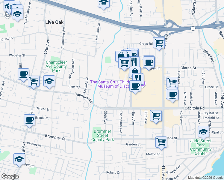 map of restaurants, bars, coffee shops, grocery stores, and more near 3405 Samuel Place in Santa Cruz
