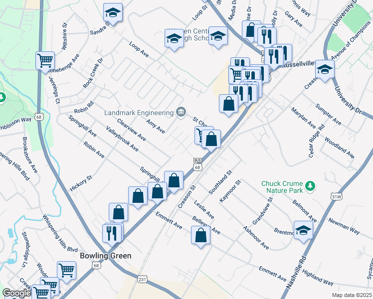 map of restaurants, bars, coffee shops, grocery stores, and more near 199 Bogle Lane in Bowling Green