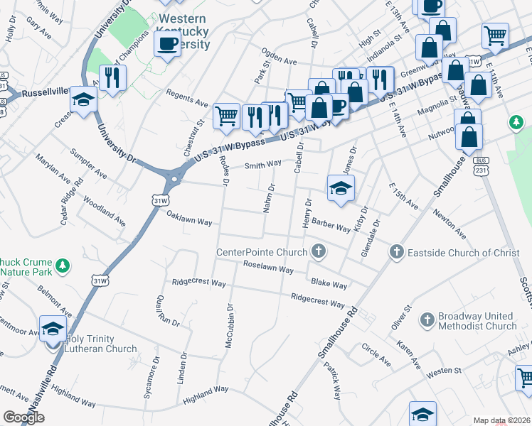 map of restaurants, bars, coffee shops, grocery stores, and more near 1299 Nahm Drive in Bowling Green