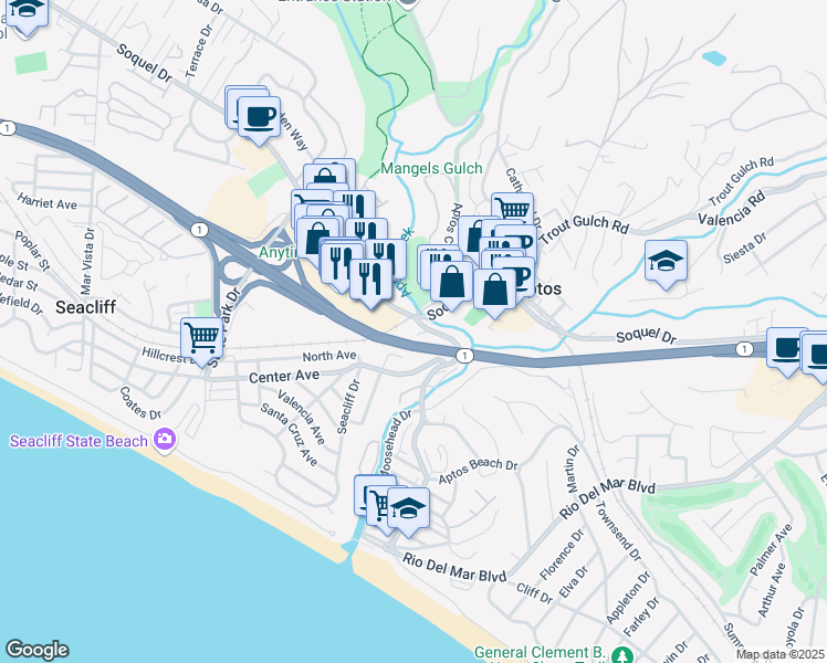 map of restaurants, bars, coffee shops, grocery stores, and more near 7970 Soquel Drive in Aptos