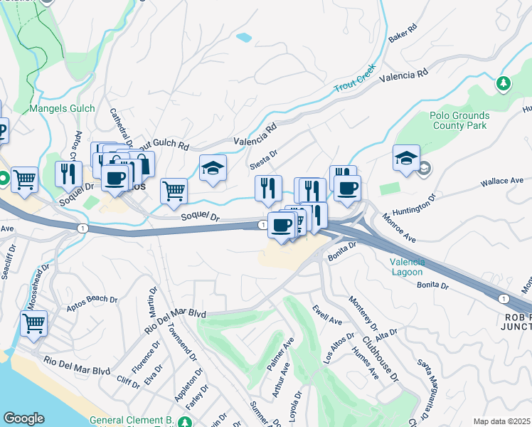 map of restaurants, bars, coffee shops, grocery stores, and more near 9049 Soquel Drive in Aptos