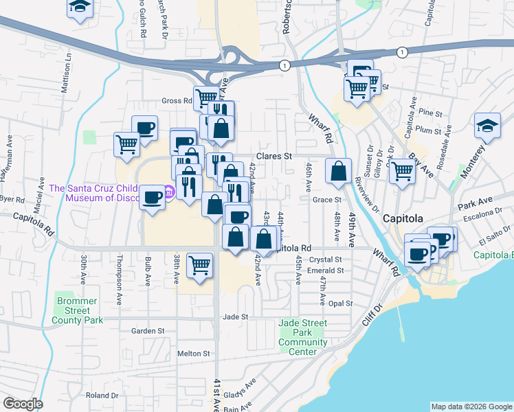 map of restaurants, bars, coffee shops, grocery stores, and more near 4235 Grace Street in Capitola