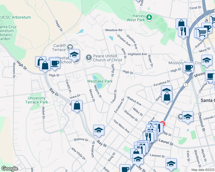 map of restaurants, bars, coffee shops, grocery stores, and more near 114 Bradley Drive in Santa Cruz