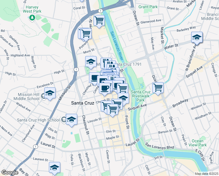 map of restaurants, bars, coffee shops, grocery stores, and more near 609 May Avenue in Santa Cruz