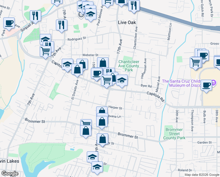 map of restaurants, bars, coffee shops, grocery stores, and more near Capitola Rd & 17th Ave in Santa Cruz