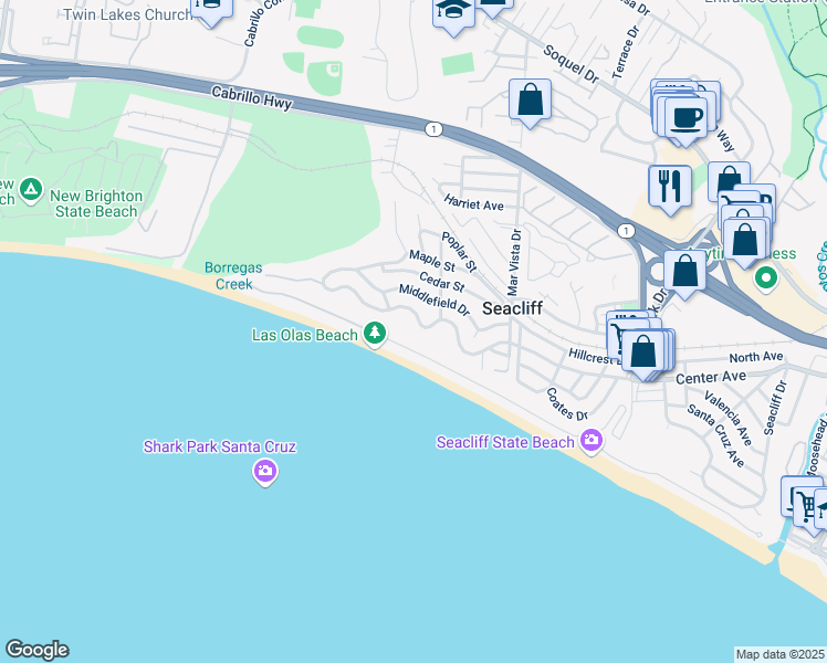 map of restaurants, bars, coffee shops, grocery stores, and more near 617 Seacliff Drive in Aptos