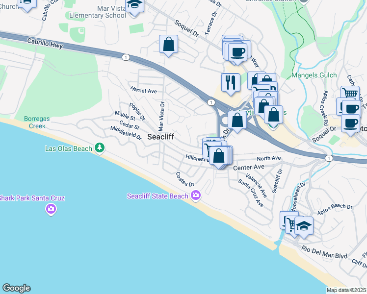 map of restaurants, bars, coffee shops, grocery stores, and more near 313 Sea Ridge Road in Aptos