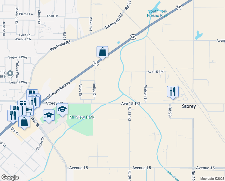 map of restaurants, bars, coffee shops, grocery stores, and more near 2335 Indigo Drive in Madera