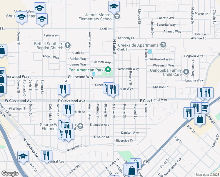 map of restaurants, bars, coffee shops, grocery stores, and more near 813 Green Way in Madera