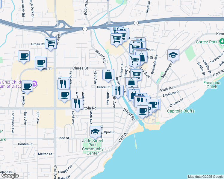 map of restaurants, bars, coffee shops, grocery stores, and more near 4805 Grace Street in Capitola