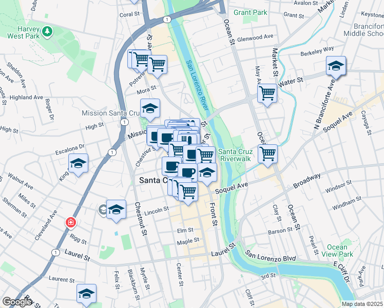map of restaurants, bars, coffee shops, grocery stores, and more near 850 Front Street in Santa Cruz