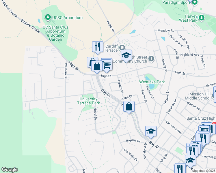 map of restaurants, bars, coffee shops, grocery stores, and more near 116 Westmoor Court in Santa Cruz