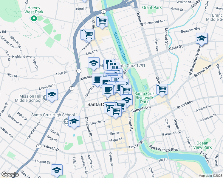 map of restaurants, bars, coffee shops, grocery stores, and more near 850 Front Street in Santa Cruz
