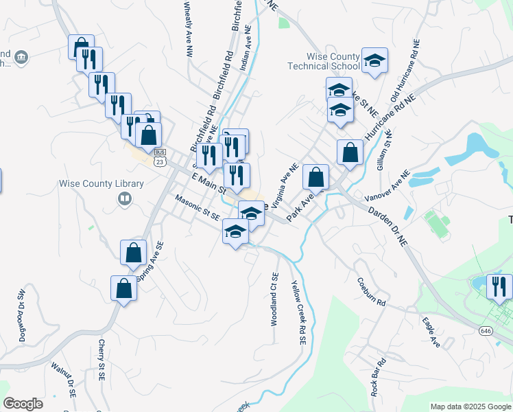 map of restaurants, bars, coffee shops, grocery stores, and more near in Wise