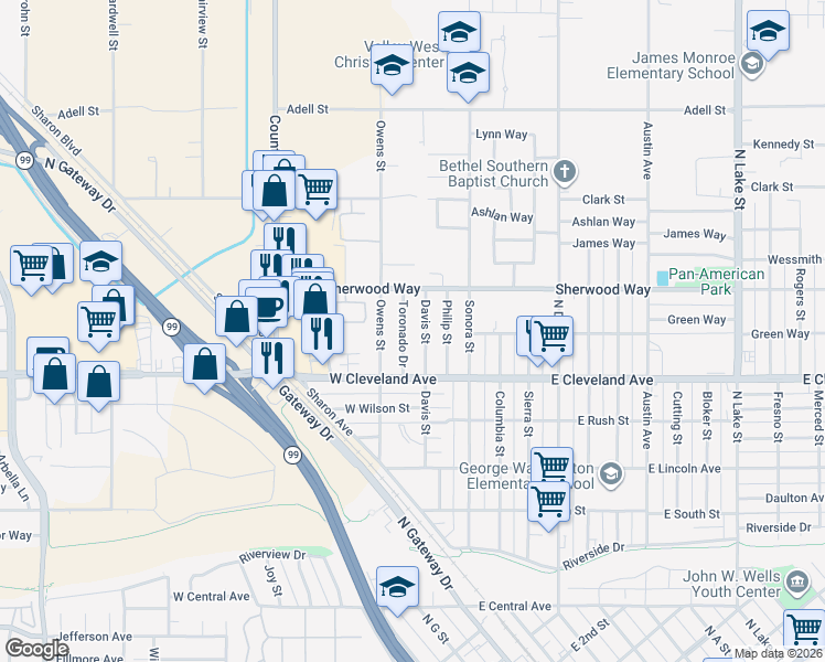 map of restaurants, bars, coffee shops, grocery stores, and more near 1201 Toronado Drive in Madera
