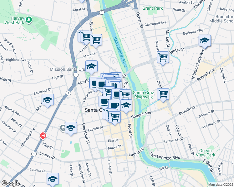 map of restaurants, bars, coffee shops, grocery stores, and more near 833 Front Street in Santa Cruz