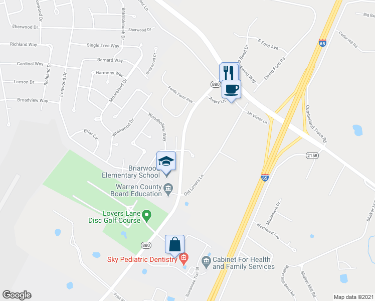 map of restaurants, bars, coffee shops, grocery stores, and more near 1901 Steeplechase Court in Bowling Green