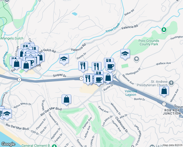 map of restaurants, bars, coffee shops, grocery stores, and more near 9059 Soquel Drive in Aptos