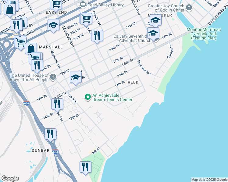 map of restaurants, bars, coffee shops, grocery stores, and more near 851 13th Street in Newport News