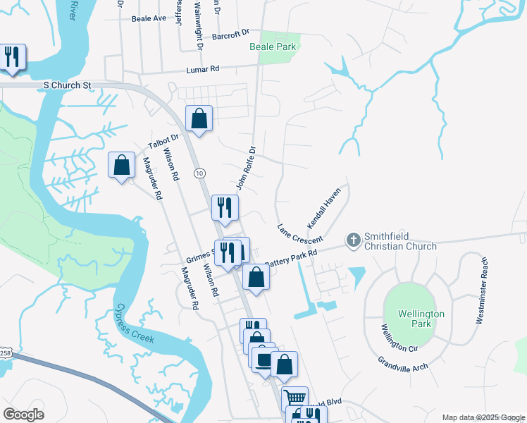 map of restaurants, bars, coffee shops, grocery stores, and more near 123 Bishops Reach in Smithfield
