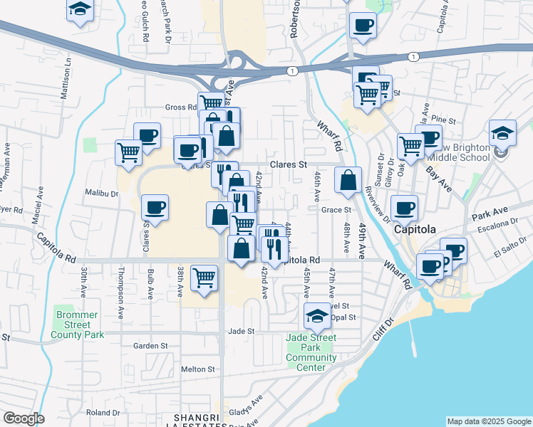 map of restaurants, bars, coffee shops, grocery stores, and more near 4230 Grace Street in Capitola