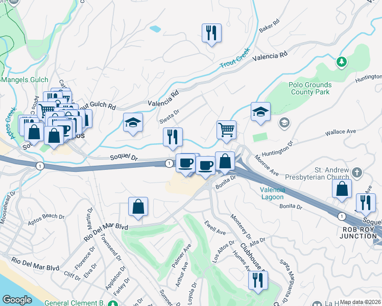 map of restaurants, bars, coffee shops, grocery stores, and more near 9059 Soquel Drive in Aptos