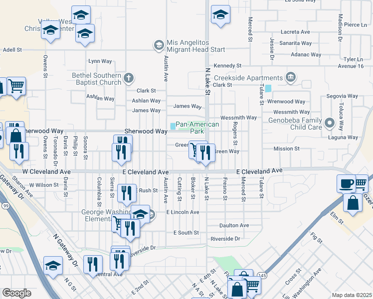 map of restaurants, bars, coffee shops, grocery stores, and more near 713 Green Way in Madera