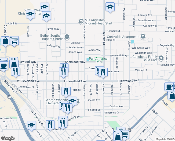 map of restaurants, bars, coffee shops, grocery stores, and more near 713 Green Way in Madera