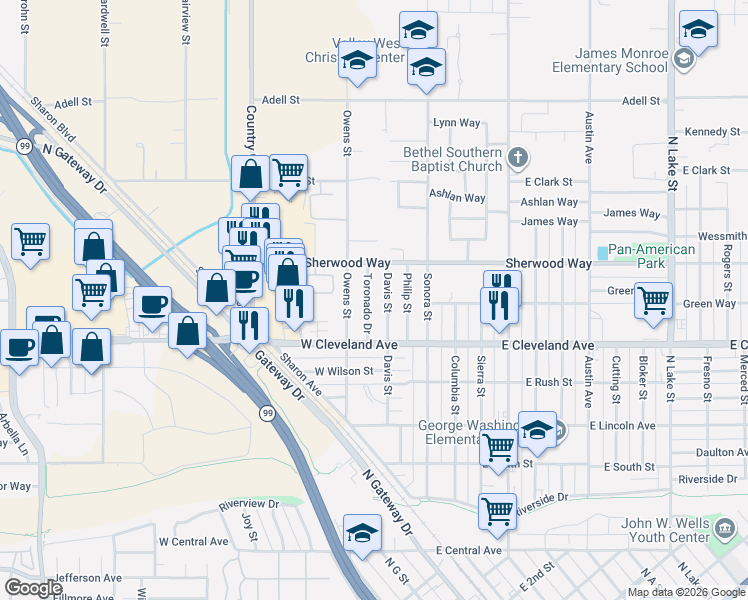 map of restaurants, bars, coffee shops, grocery stores, and more near 1213 Toronado Drive in Madera