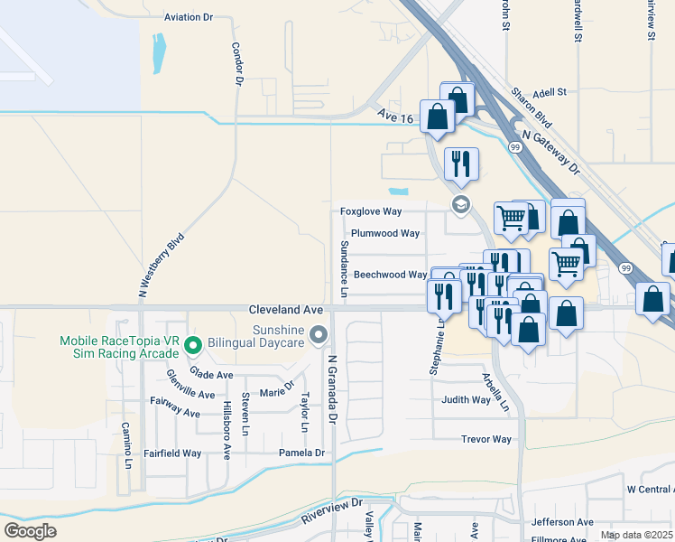 map of restaurants, bars, coffee shops, grocery stores, and more near 2540 Grapewood Way in Madera