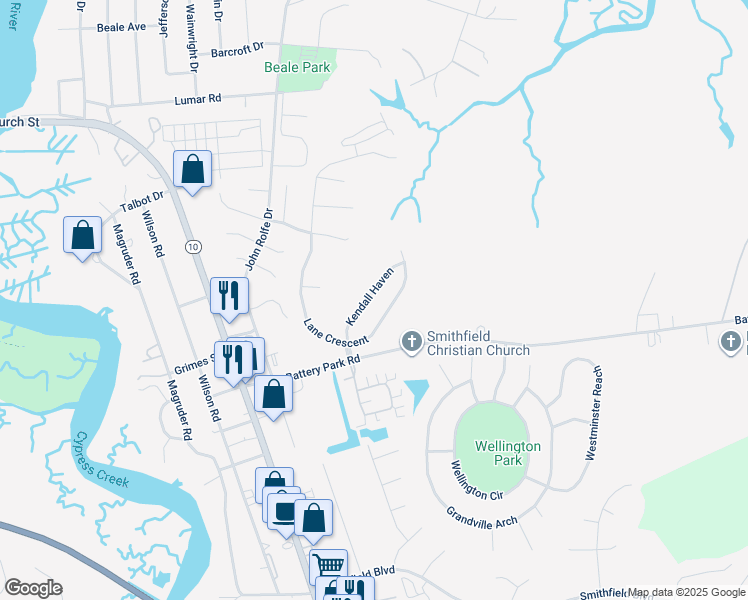 map of restaurants, bars, coffee shops, grocery stores, and more near 425 Kendall Haven in Smithfield