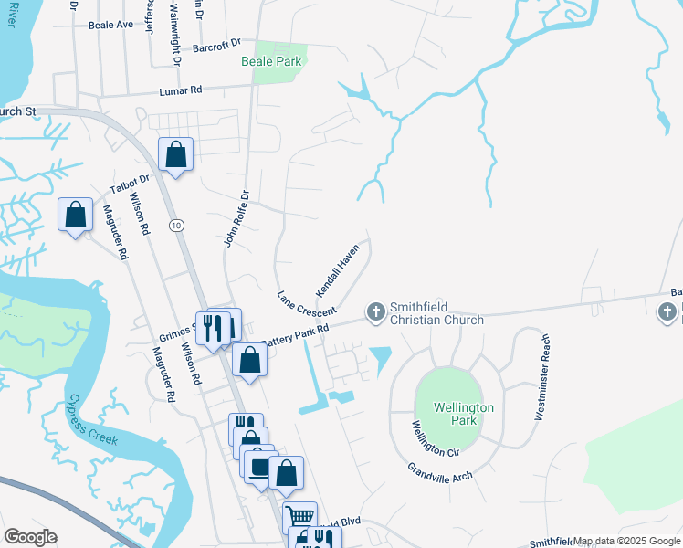 map of restaurants, bars, coffee shops, grocery stores, and more near 425 Kendall Haven in Smithfield