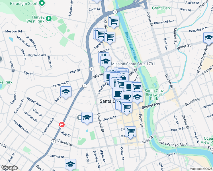 map of restaurants, bars, coffee shops, grocery stores, and more near 747 Chestnut Street in Santa Cruz