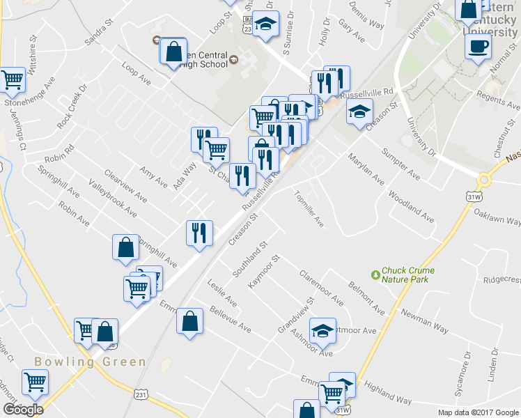 map of restaurants, bars, coffee shops, grocery stores, and more near 2100 Creason Street in Bowling Green