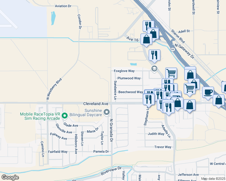 map of restaurants, bars, coffee shops, grocery stores, and more near 2540 Grapewood Way in Madera