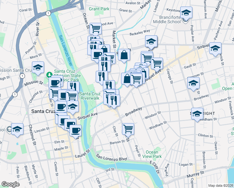 map of restaurants, bars, coffee shops, grocery stores, and more near 216 Dakota Avenue in Santa Cruz