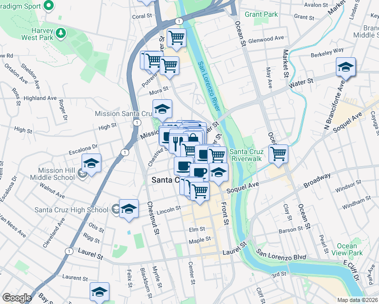 map of restaurants, bars, coffee shops, grocery stores, and more near 109 Mission Street in Santa Cruz