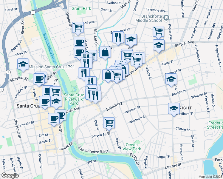 map of restaurants, bars, coffee shops, grocery stores, and more near 555 Soquel Avenue in Santa Cruz