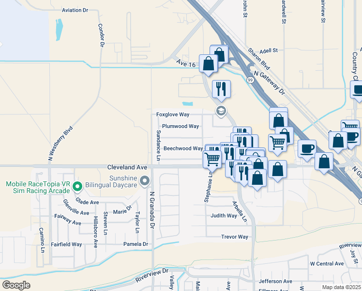 map of restaurants, bars, coffee shops, grocery stores, and more near 2511 Beechwood Way in Madera