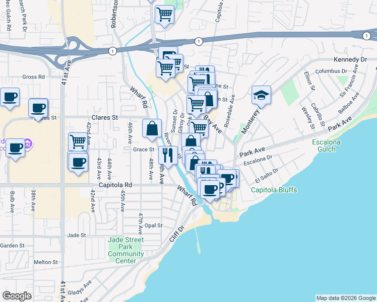 map of restaurants, bars, coffee shops, grocery stores, and more near 517 Oak Drive in Capitola