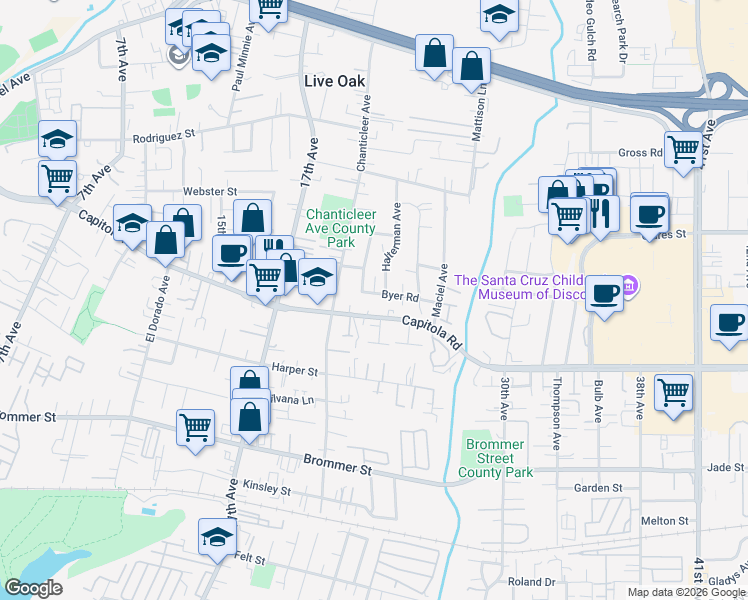 map of restaurants, bars, coffee shops, grocery stores, and more near 1785 Halterman Avenue in Santa Cruz