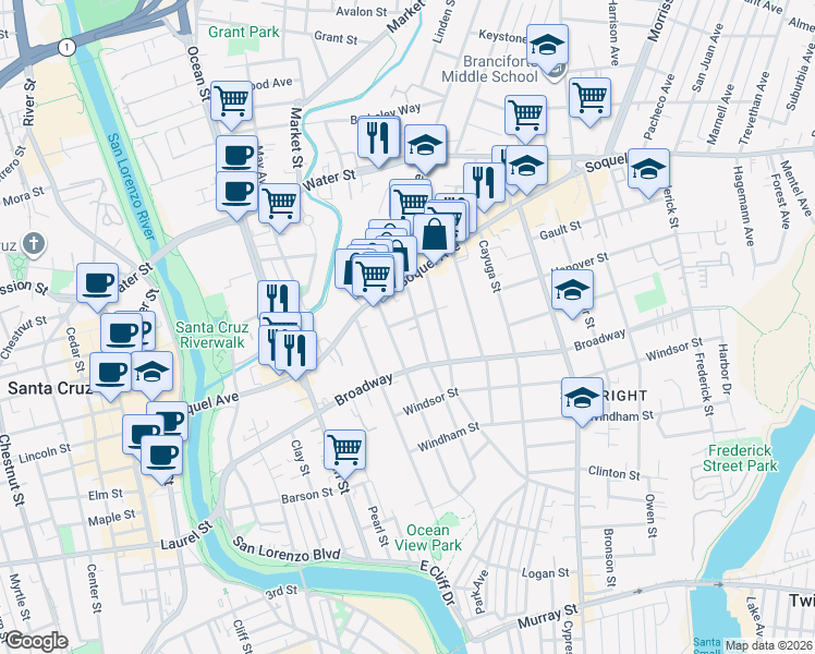 map of restaurants, bars, coffee shops, grocery stores, and more near 503 Caledonia Street in Santa Cruz