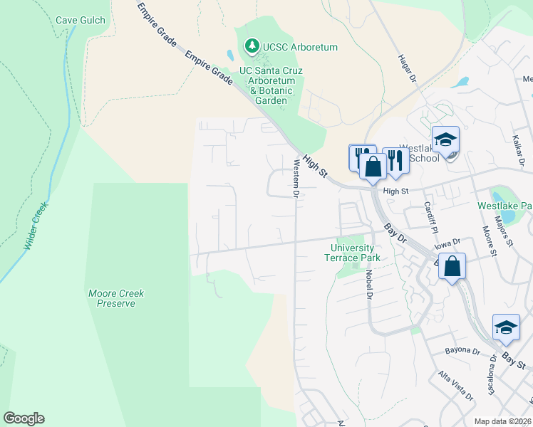 map of restaurants, bars, coffee shops, grocery stores, and more near 107 Moore Creek Road in Santa Cruz