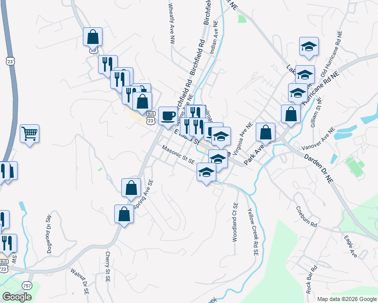 map of restaurants, bars, coffee shops, grocery stores, and more near 312-316 E Main St in Wise